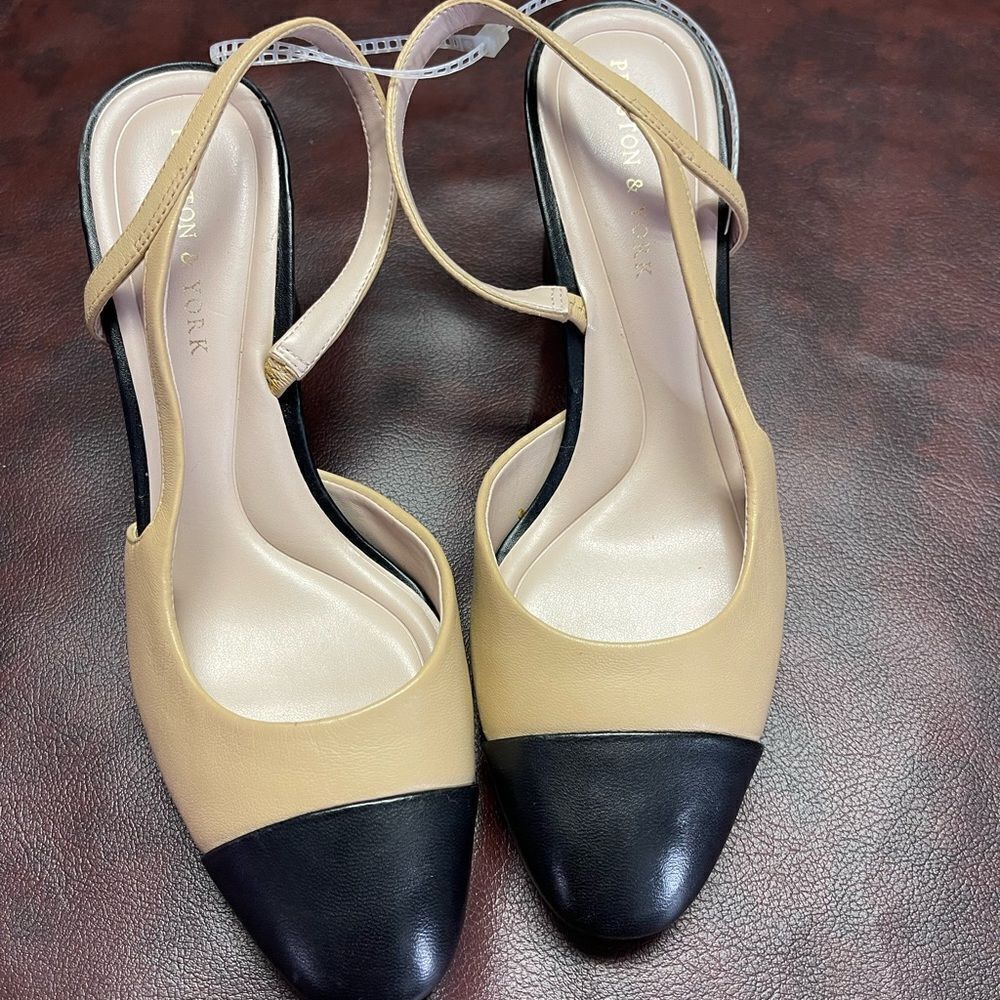 Preston & York new black and‎ tan sling back closed toe block heels, size 6